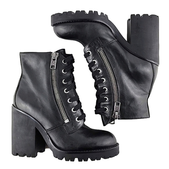 ASH Women's Poker Heeled Black Leather Chunky  Lace Up Dual Zipper Boots Size 37 - Picture 2 of 15